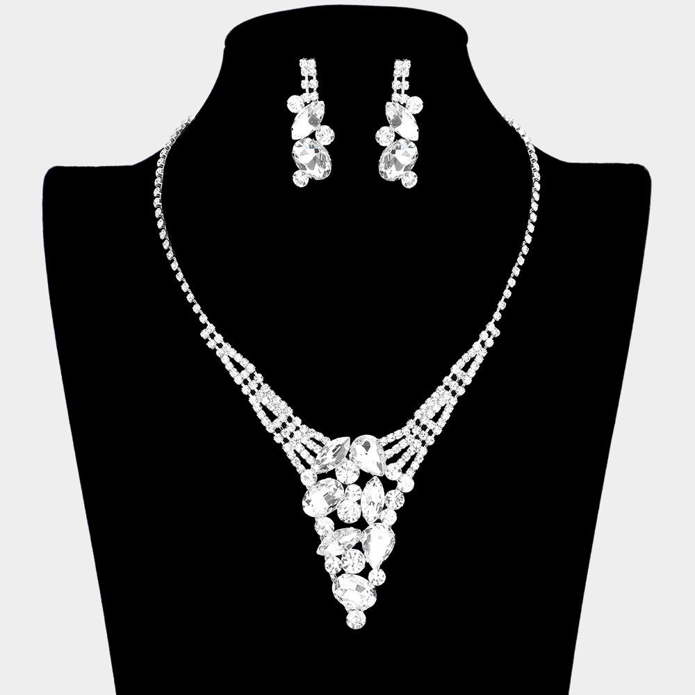 Clear Multi Stone Cluster Rhinestone Pageant Necklace  | Prom Necklace Set