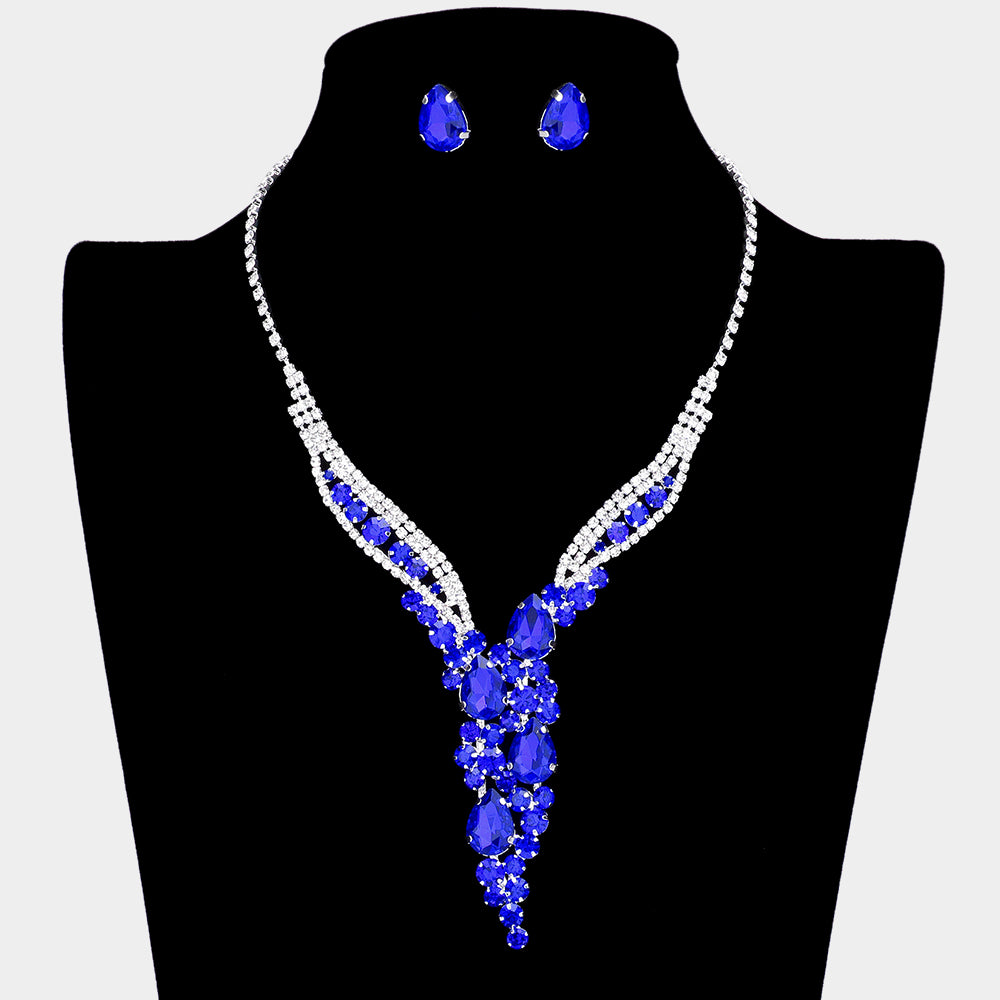 Sapphire Teardrop Round Stone Pageant Rhinestone Necklace | Prom Necklace Set