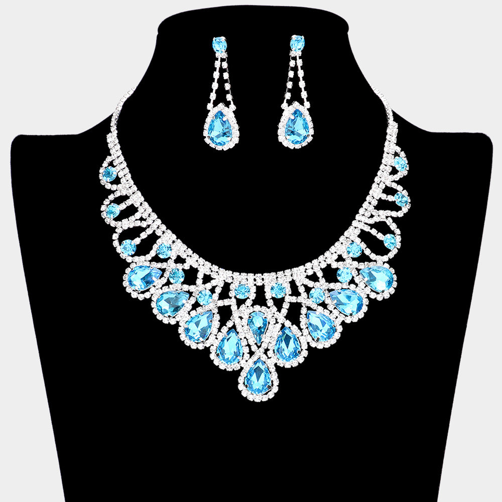 Aqua Crystal Teardrop Rhinestone Pageant Prom Necklace Set