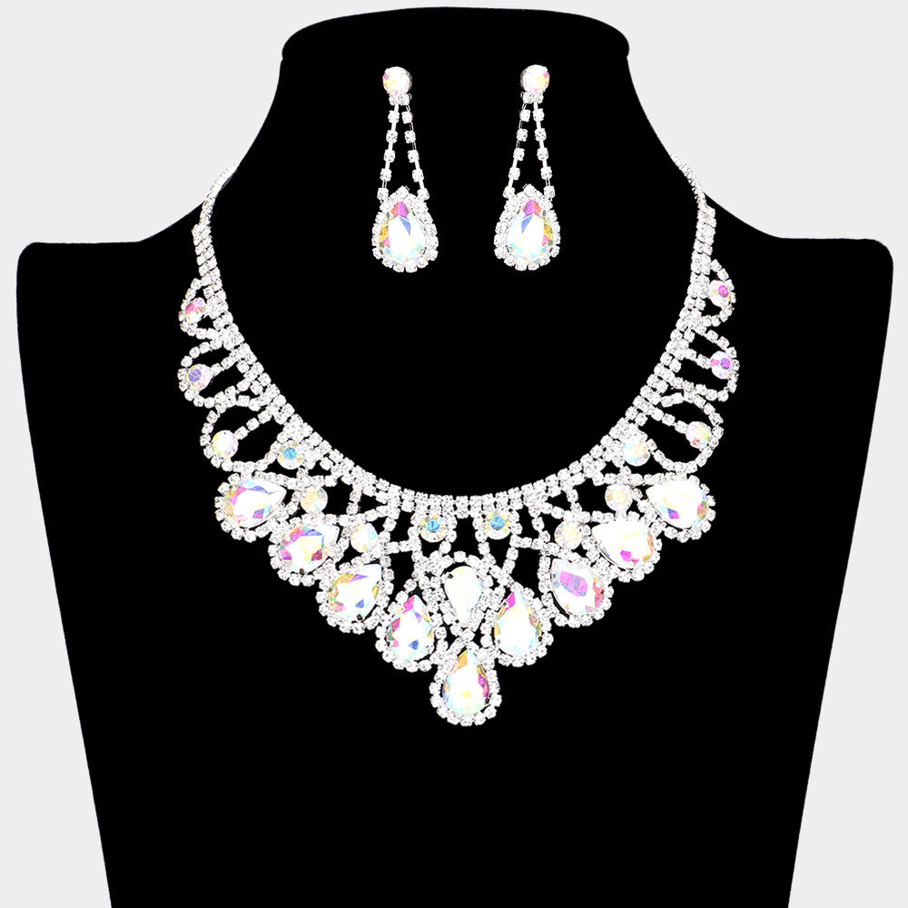 AB Crystal Teardrop and Rhinestone Prom Necklace Set | Prom Jewelry