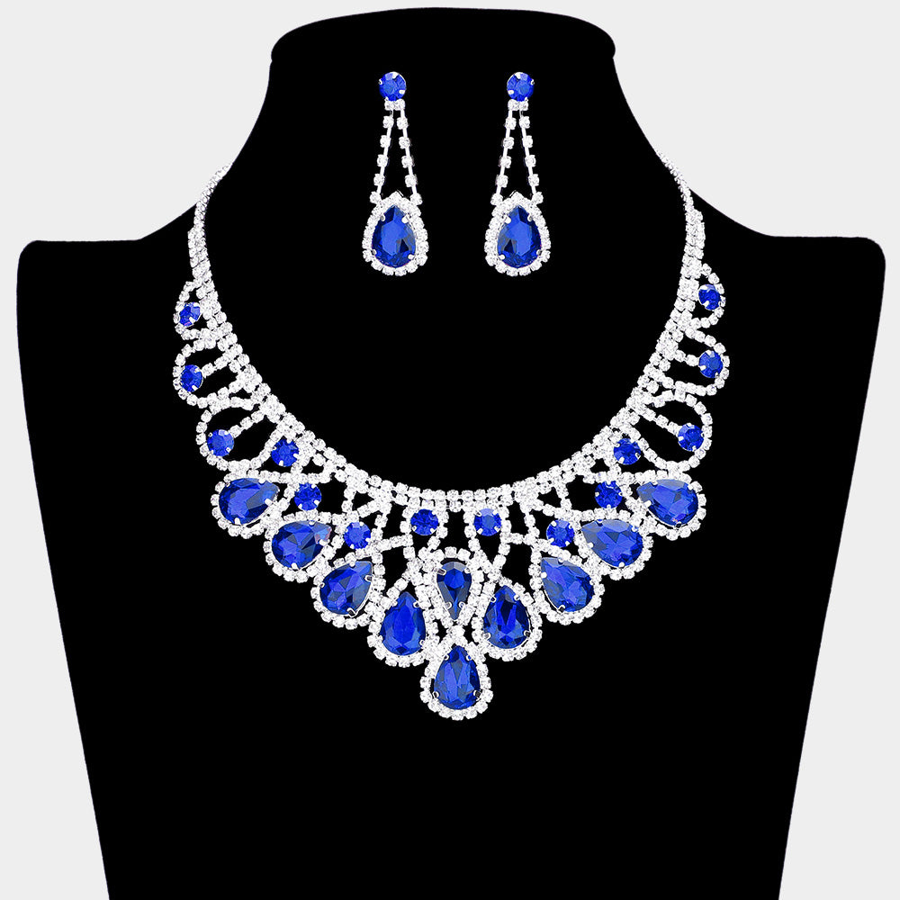 Blue Crystal Teardrop Rhinestone Pageant Prom Necklace Set