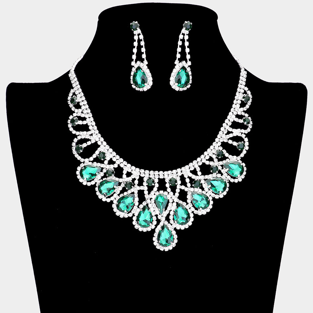 Emerald Crystal Teardrop Rhinestone Pageant Prom Necklace Set