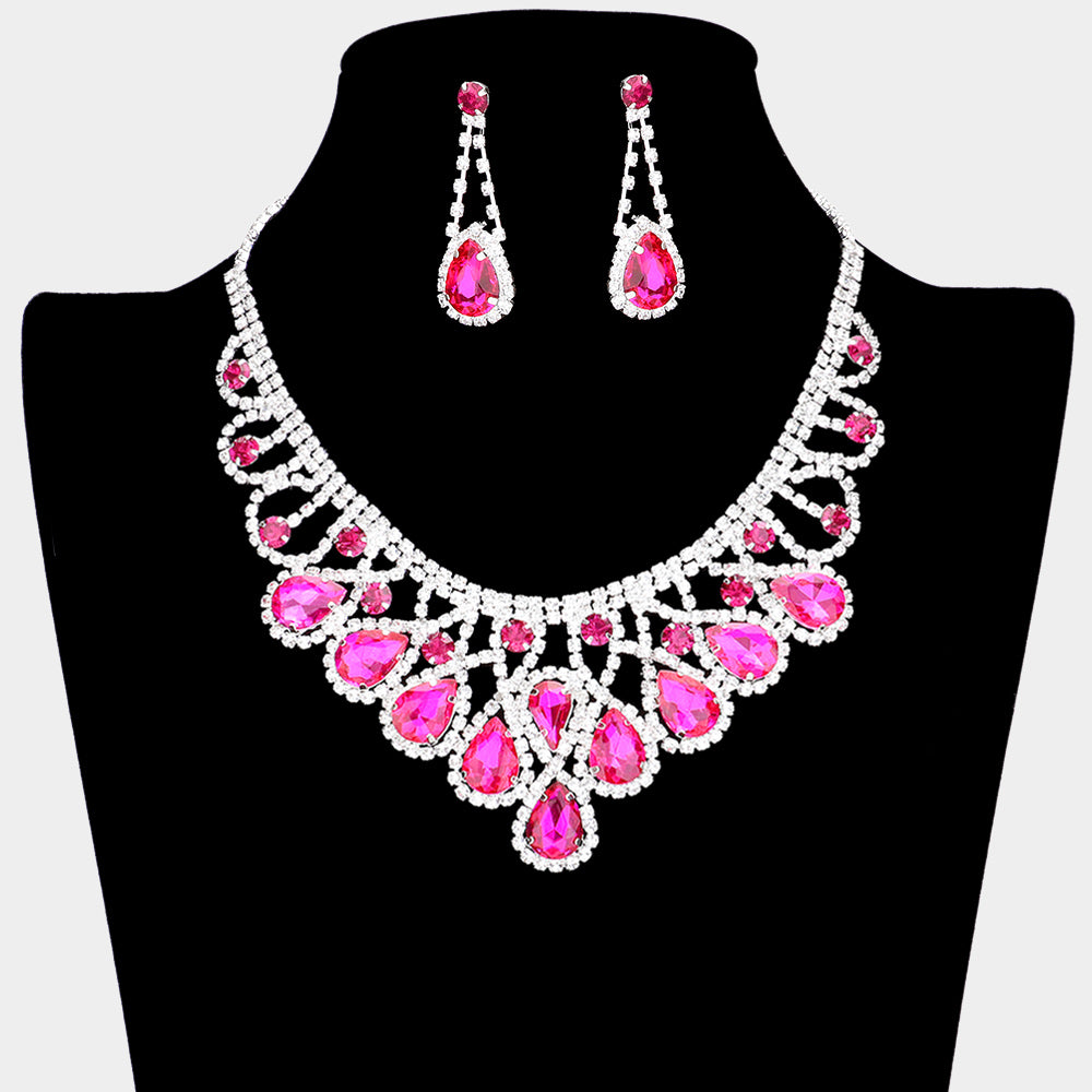 Fuchsia Crystal Teardrop Rhinestone Pageant Prom Necklace Set