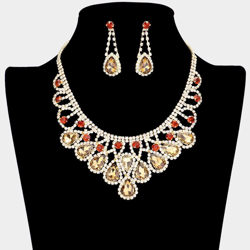 Gold Crystal Teardrop Rhinestone Pageant Prom Necklace Set