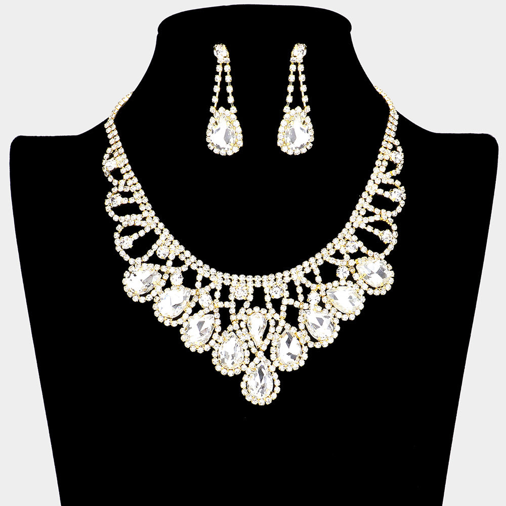 Clear Crystal Teardrop Rhinestone Pageant Prom Necklace Set on Gold | 413721