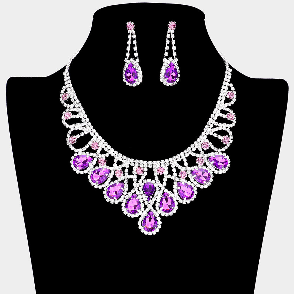 Purple Crystal Teardrop Rhinestone Pageant Prom Necklace Set