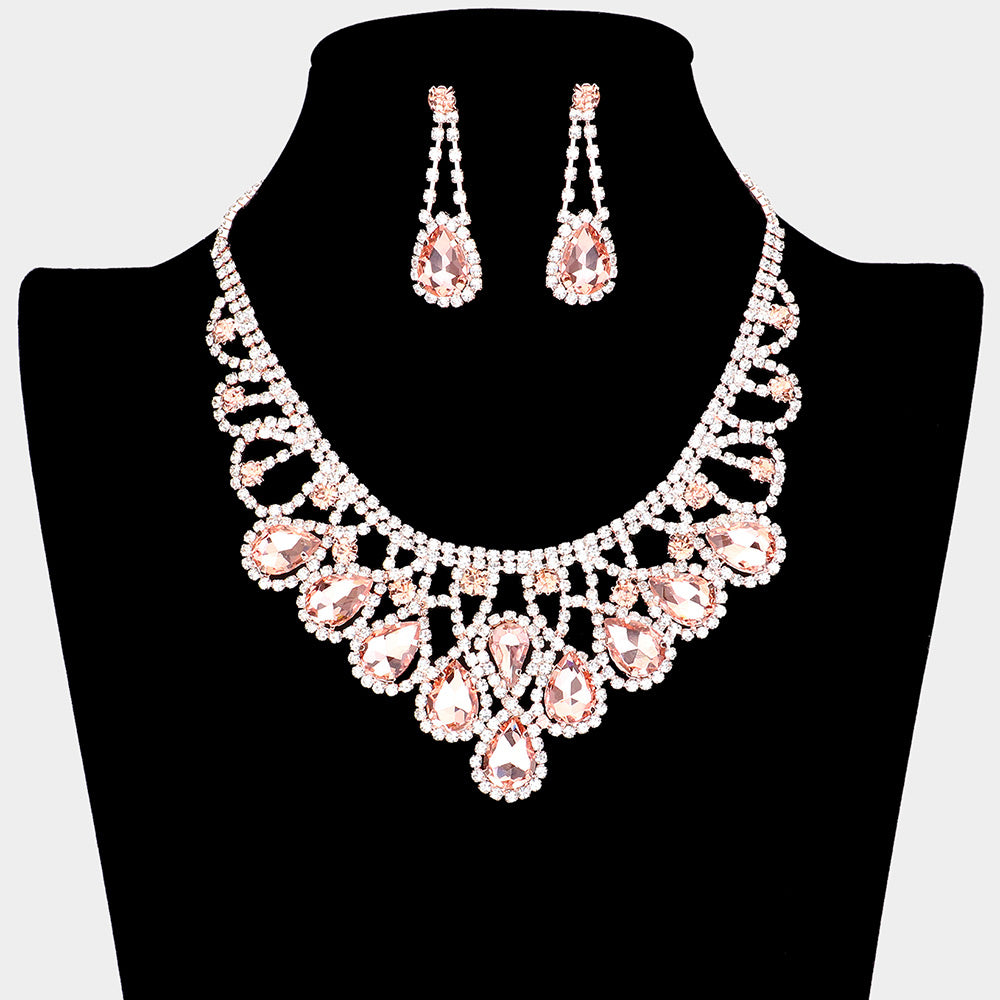 Peach Crystal Teardrop Rhinestone Pageant Prom Necklace Set 