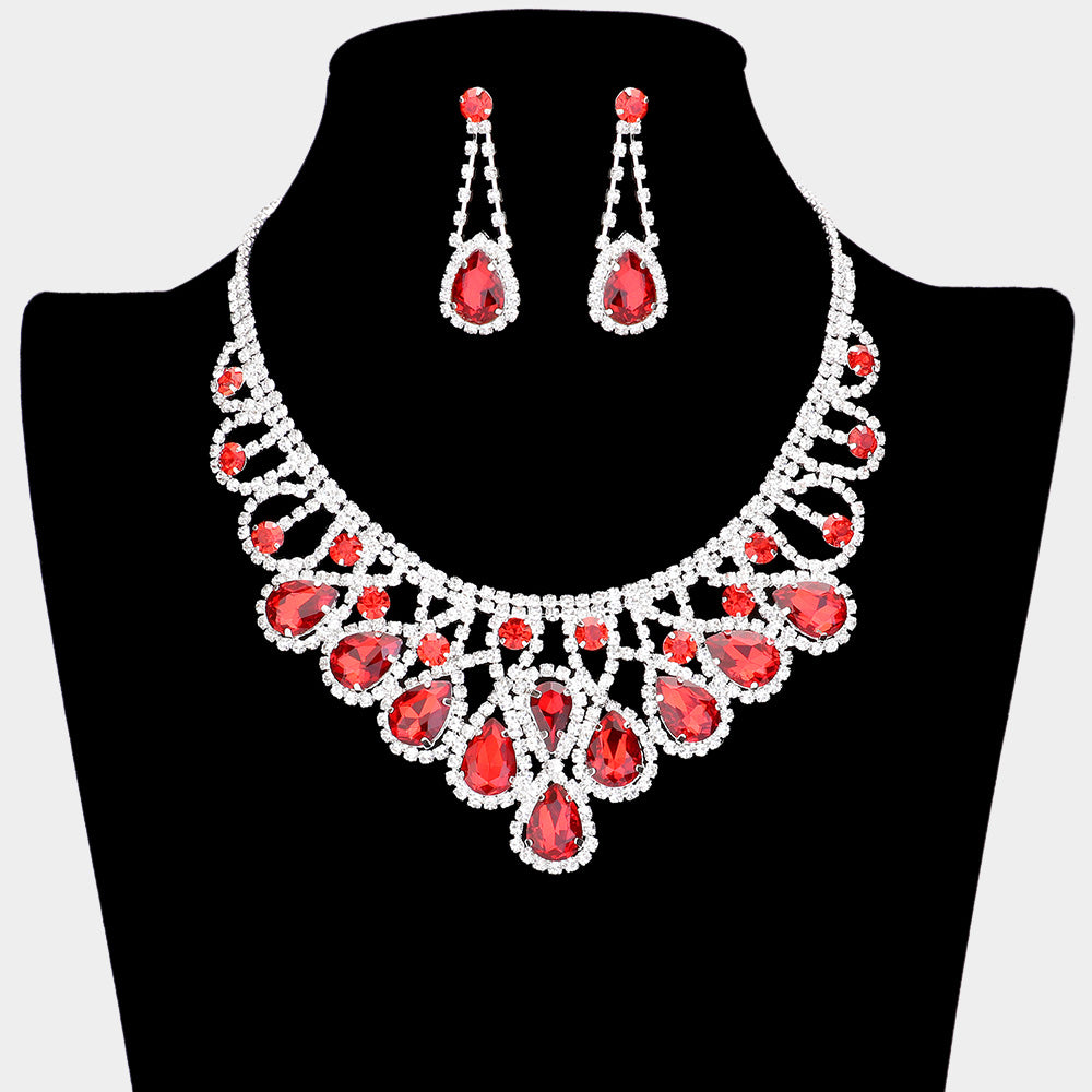 Red Crystal Teardrop Rhinestone Pageant Prom Necklace Set 