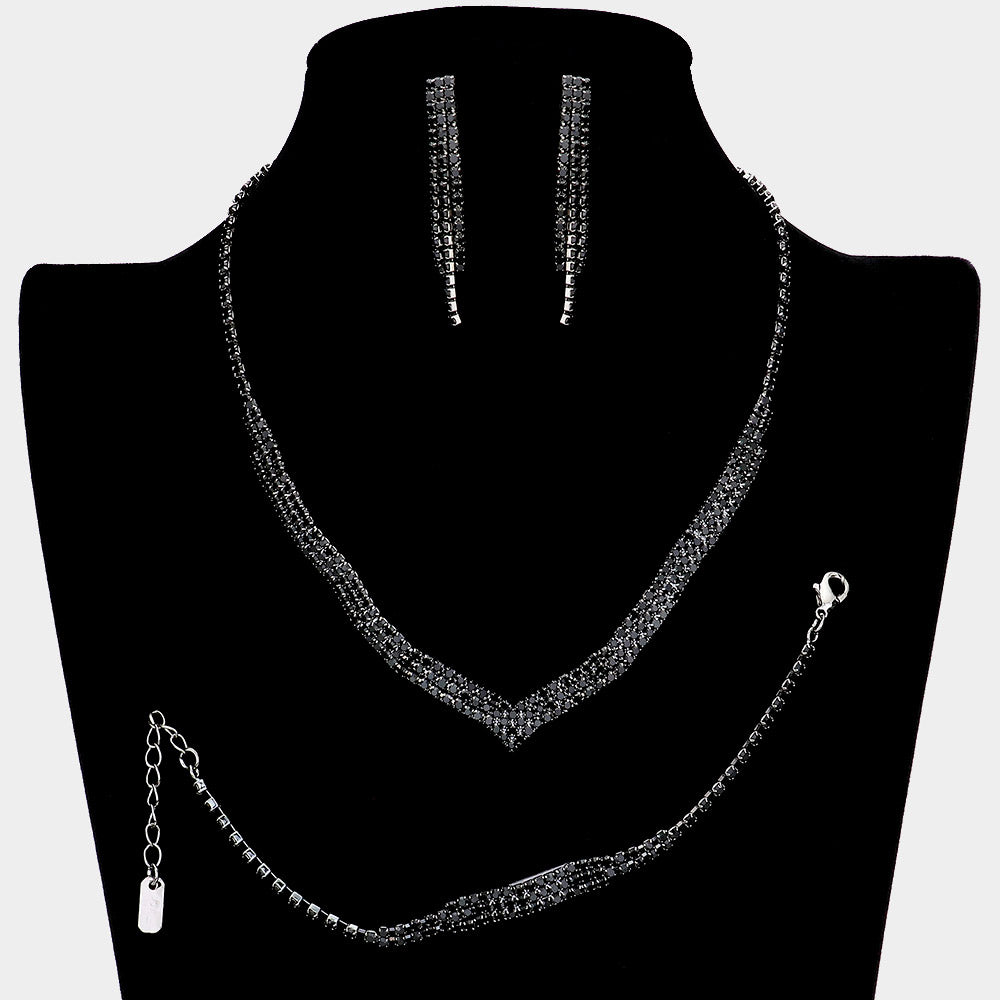 3 Piece Black Crystal Rhinestone Fringe Necklace Set | Homecoming Jewelry