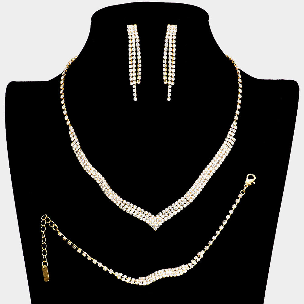 3 Piece Clear Crystal Rhinestone Fringe Necklace Set on Gold | Homecoming Jewelry