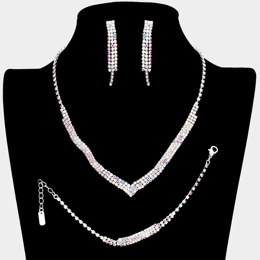 3 Piece AB Crystal Rhinestone Fringe Necklace Set | Homecoming Jewelry