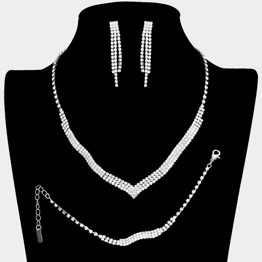 3 Piece Clear Crystal Rhinestone Fringe Necklace Set  | Homecoming Jewelry