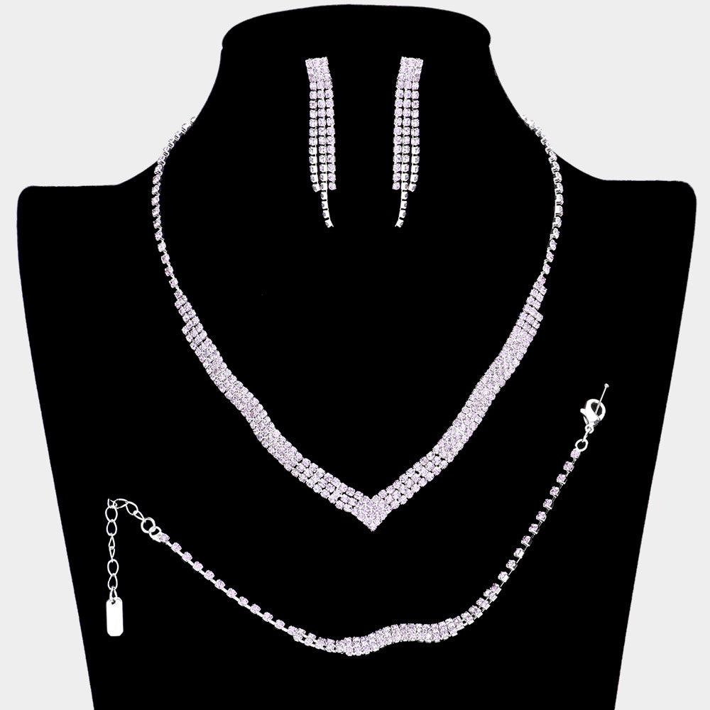 3 Piece Amethyst Crystal Rhinestone Fringe Necklace Set | Homecoming Jewelry |  601415