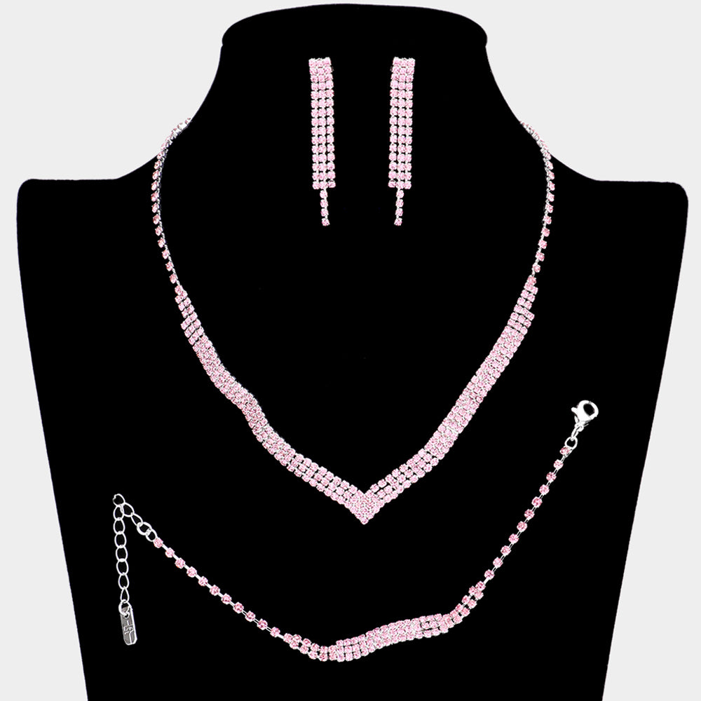3 Piece Pink Crystal Rhinestone Fringe Necklace Set | Homecoming Jewelry