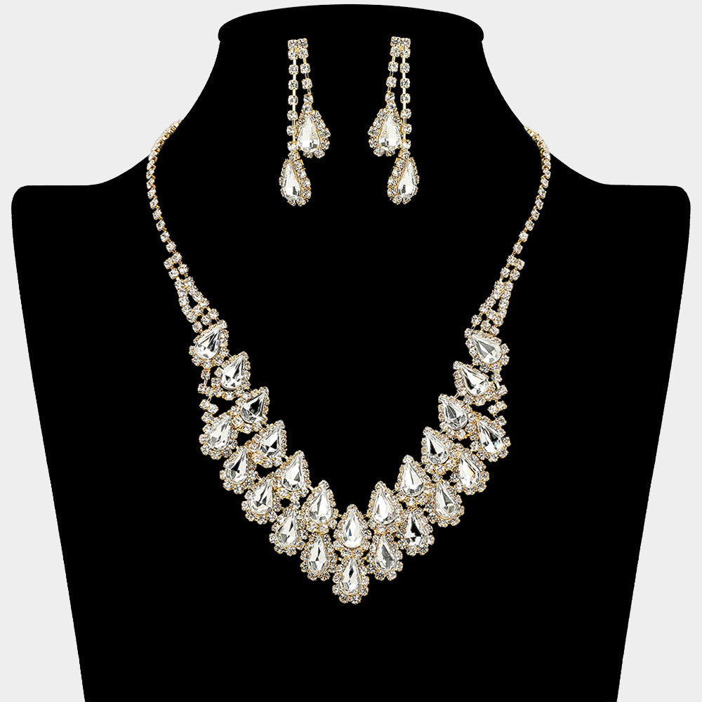 Clear Crystal Rhinestone Double Row Necklace Set on Gold for Homecoming-Prom-Special Occasion