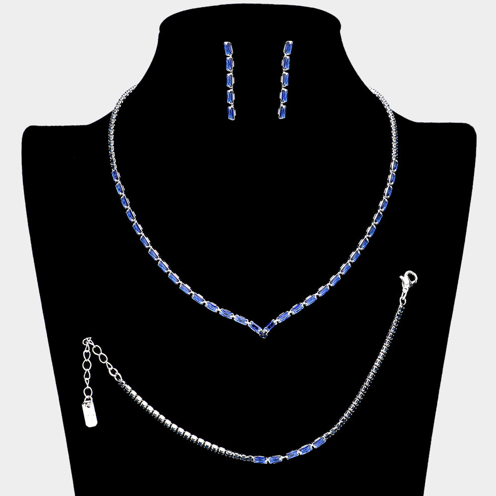 3 Piece Navy Rectangle Stone Evening Necklace Set | Prom Jewelry