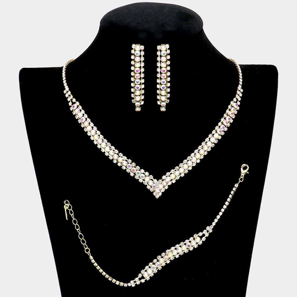 3 Piece AB Rhinestone Necklace Set on Gold  | Homecoming Necklace | Homecoming Jewelry