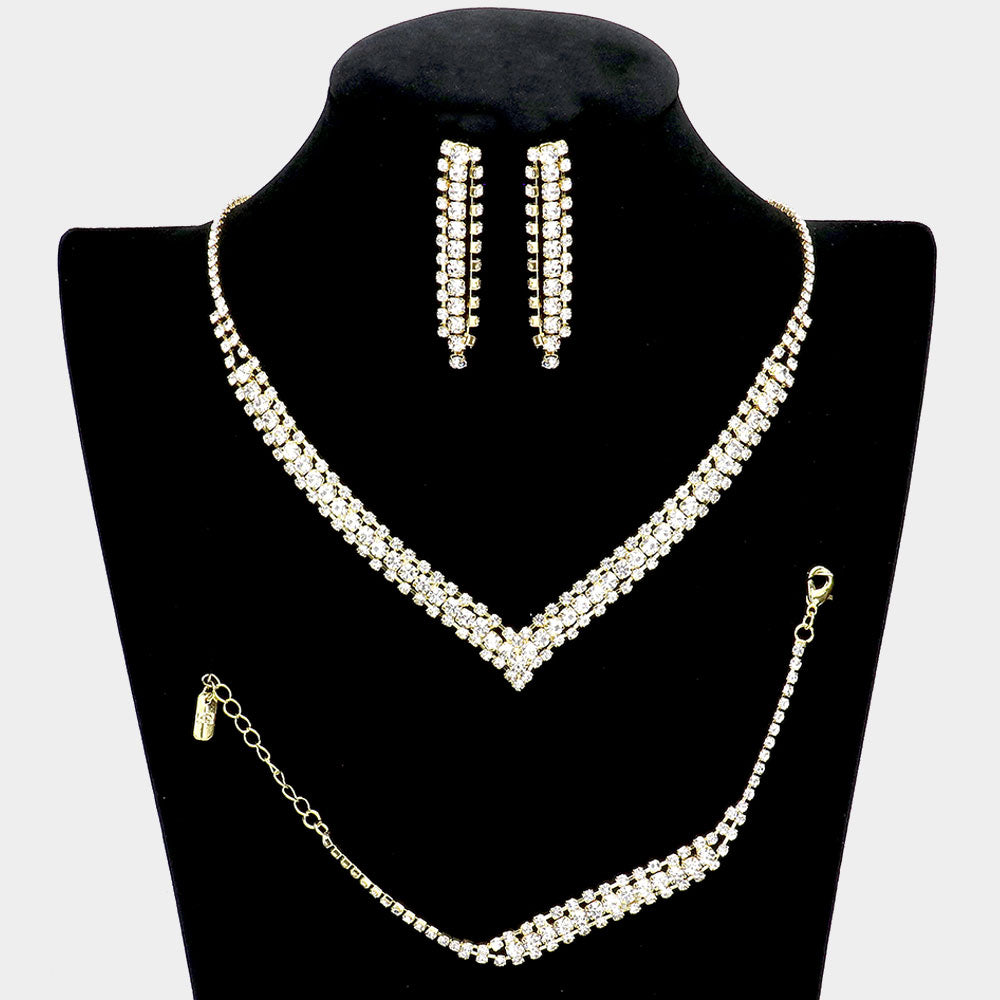 3 Piece Clear Rhinestone Necklace Set on Gold | Homecoming Necklace | Homecoming Jewelry