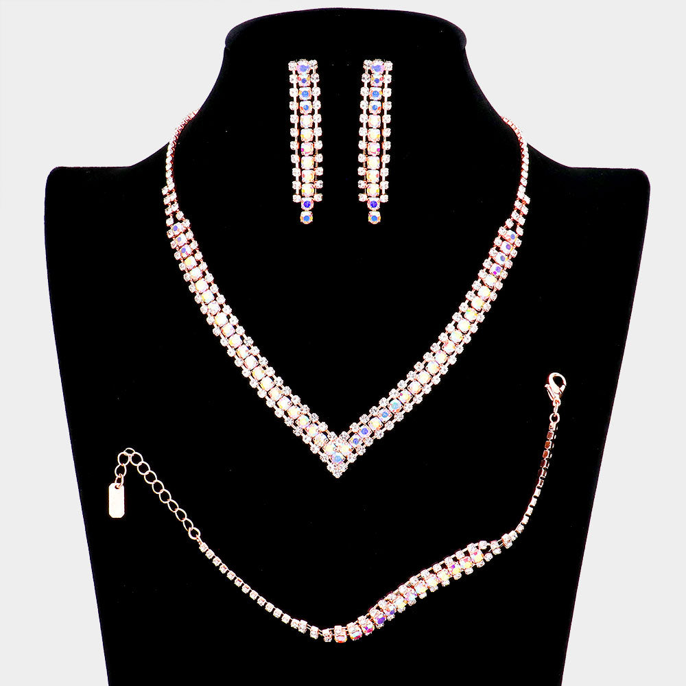 3 Piece AB Rhinestone Necklace Set on Rose Gold | Homecoming Necklace | Homecoming Jewelry