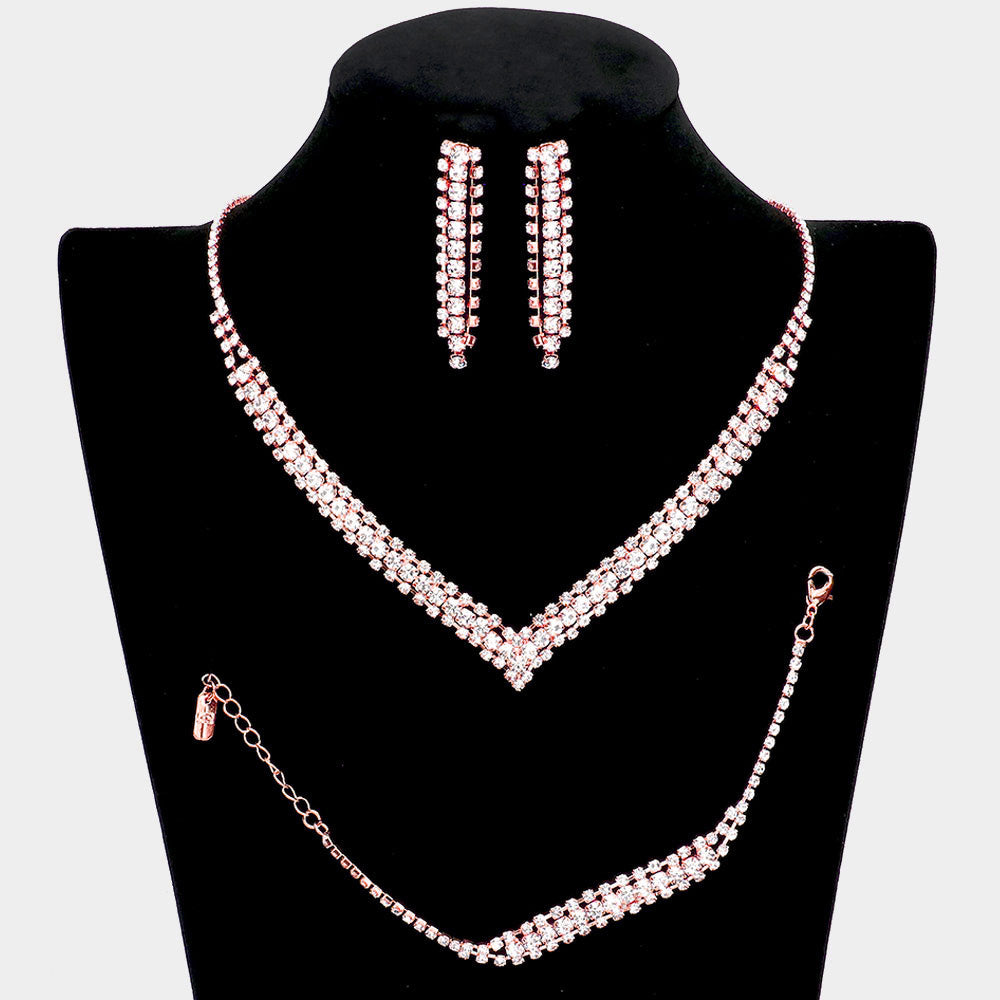 3 Piece Clear Rhinestone Necklace Set on Rose Gold | Homecoming Necklace | Homecoming Jewelry