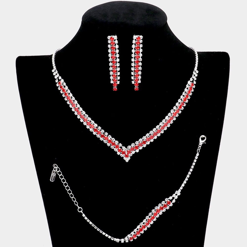 3 Piece Red Rhinestone Necklace Set  | Homecoming Necklace | Homecoming Jewelry