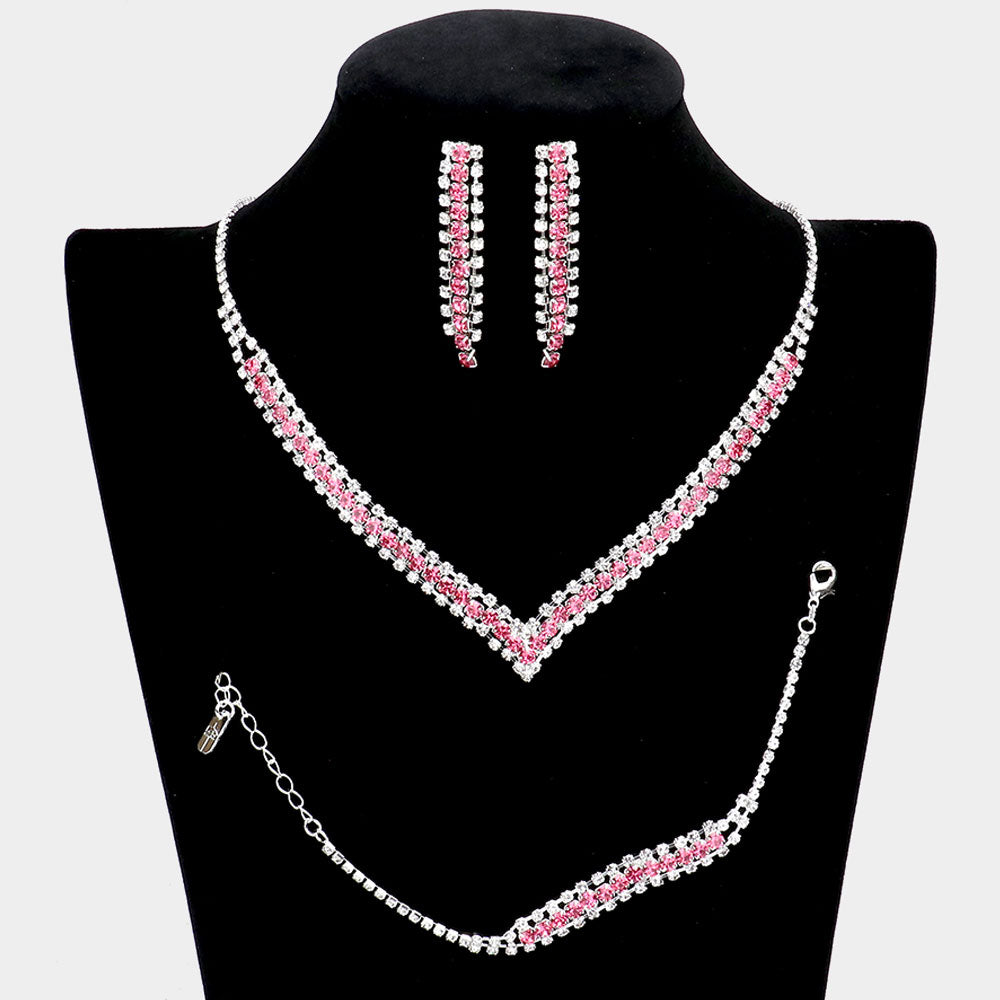 3 Piece Pink Rhinestone Necklace Set | Homecoming Necklace | Homecoming Jewelry