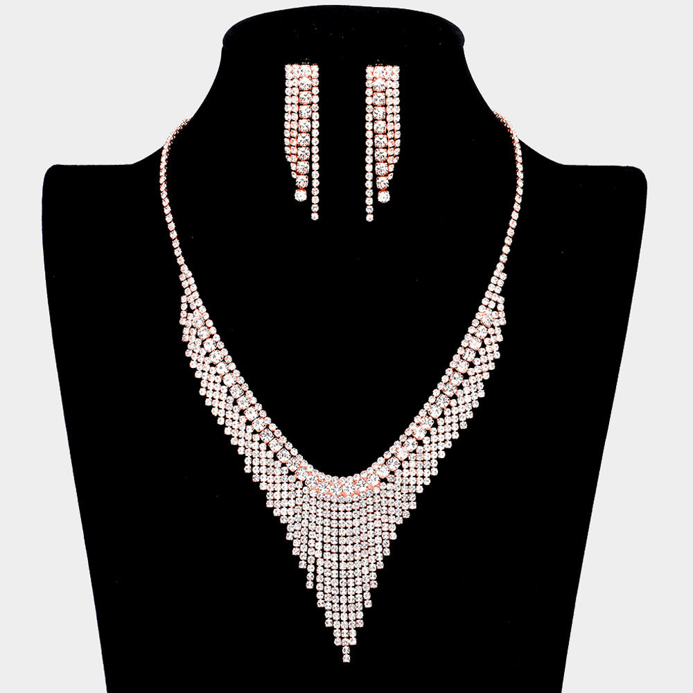 Clear Crystal Rhinestone Fringe Pageant Necklace Set on Rose Gold | Evening  Necklace Set | 560507