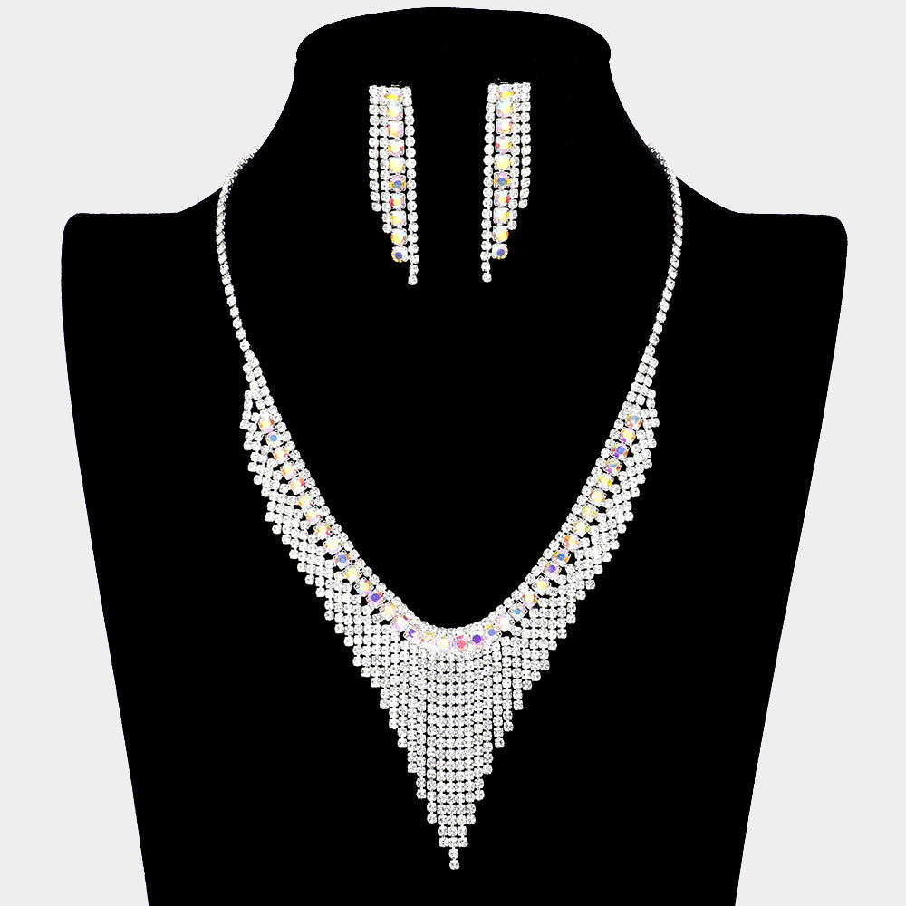 AB Crystal Rhinestone Fringe Pageant Necklace Set  | Evening Necklace Set