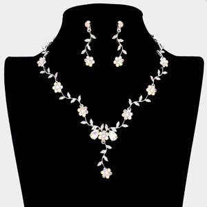 AB crystal floral vine prom necklace set on silver with matching earrings displayed on a black mannequin bust on a white background.