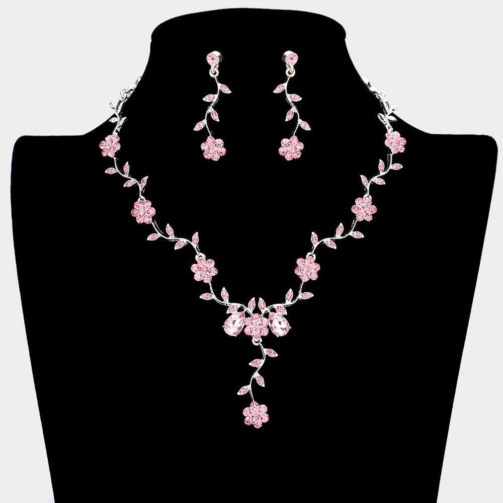 Pink Crystal Floral Vine Prom Necklace Set | Evening Necklace Set