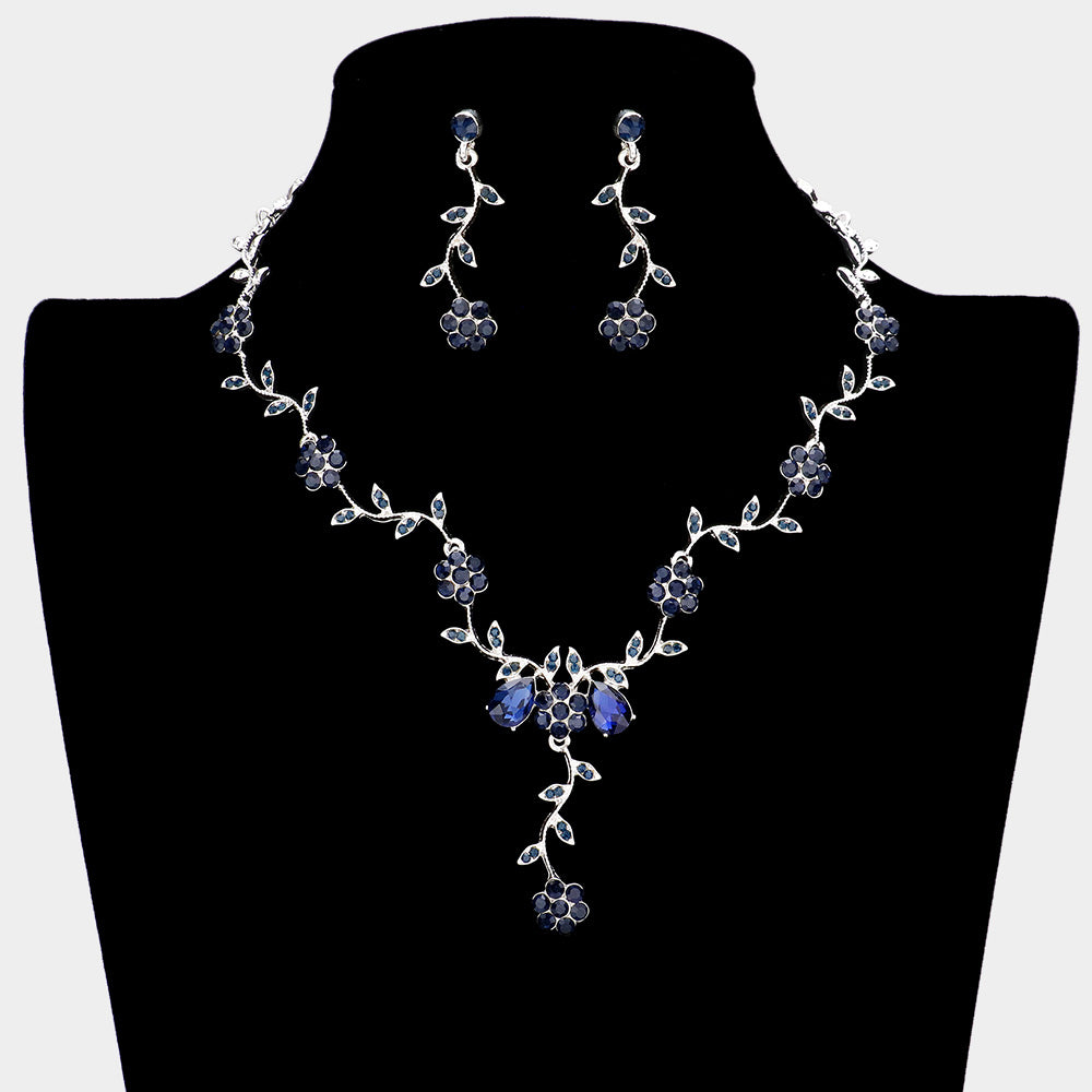 Navy Crystal Floral Vine Prom Necklace Set | Evening Necklace Set