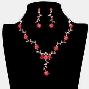 Red Crystal Floral Vine Prom Necklace Set | Evening Necklace Set