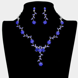 Sapphire Crystal Floral Vine Prom Necklace Set | Evening Necklace Set, silver backed, on a black mannequin bust