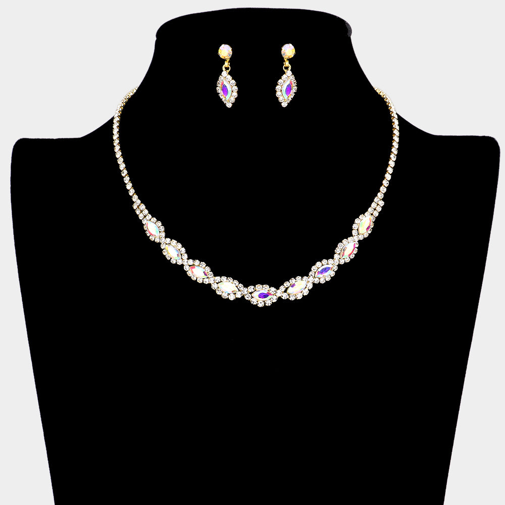 AB Stone and Rhinestone Accented Small Necklace Set on Gold | Necklace Sets for Little Girls | 589753