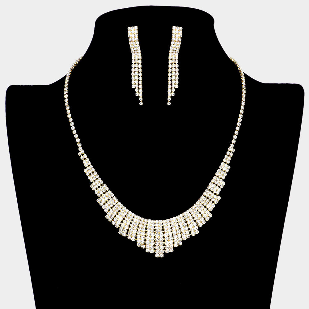 Clear Rhinestone Pave Pageant Necklace Set on Gold | Prom Necklace Set