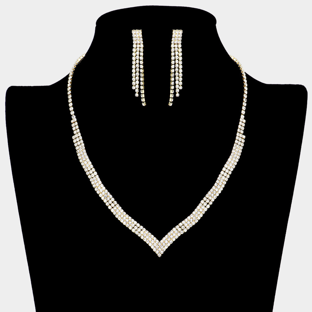 Clear Rhinestone V Shaped Pageant Necklace Set on Gold| Prom Necklace Set