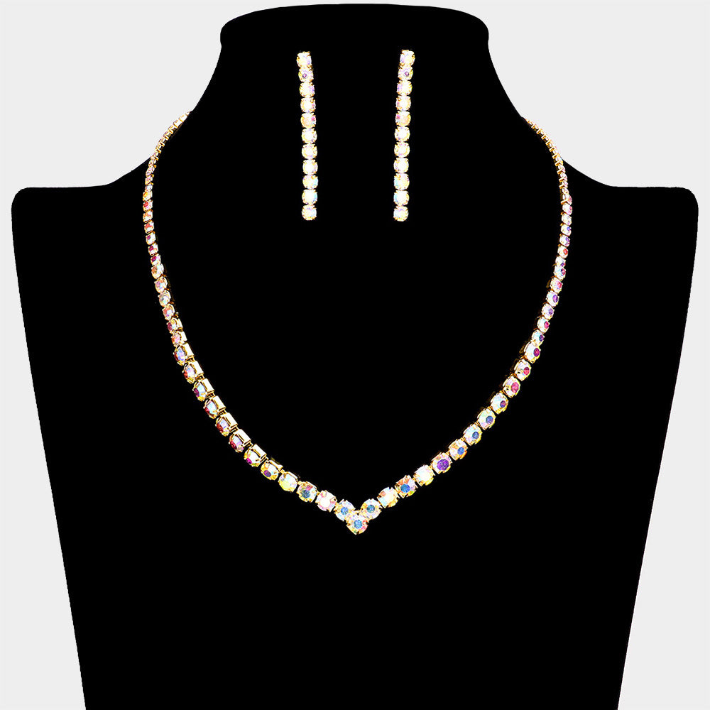Round AB Rhinestone and Earrings Necklace Set on Gold | Prom Jewelry