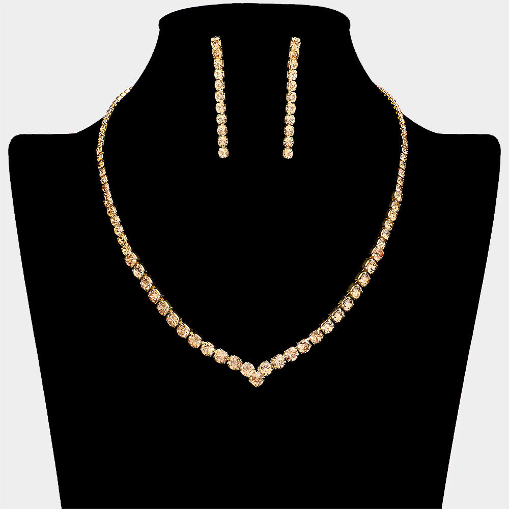 Round Gold Rhinestone and Earrings Necklace Set | Prom Jewelry