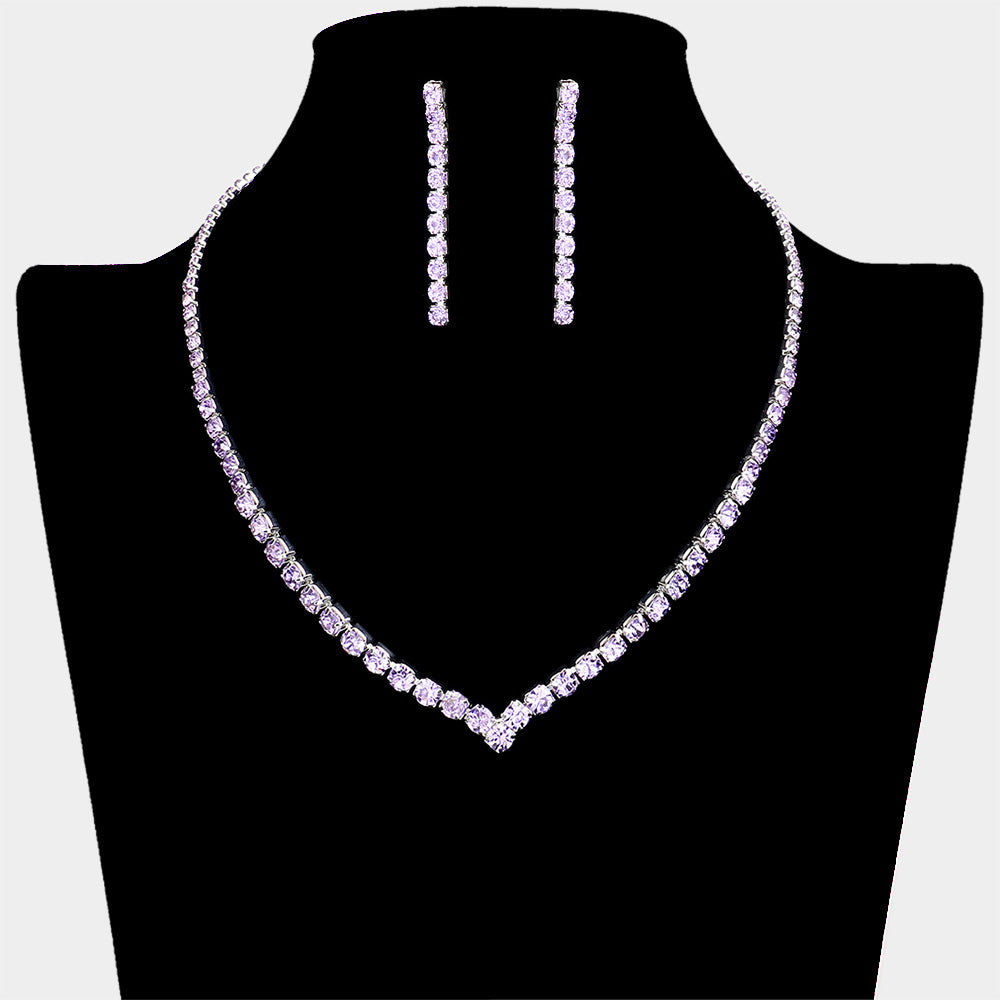 Round Amethyst Rhinestone and Earrings Necklace Set | Prom Jewelry