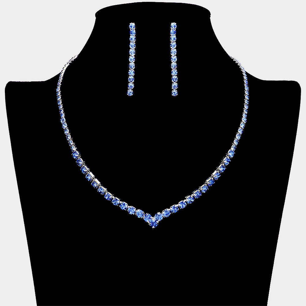 Round Sapphire Rhinestone and Earrings Necklace Set | Prom Jewelry