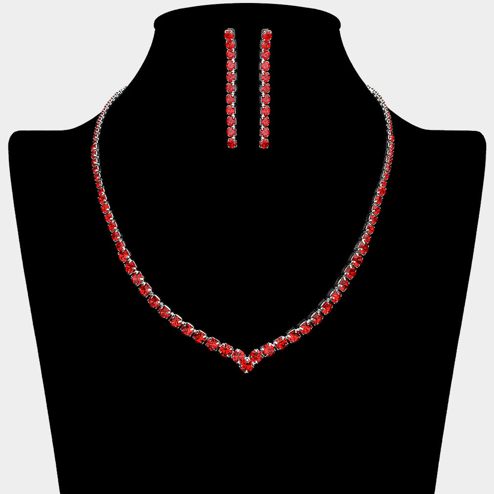 Round Red Rhinestone and Earrings Necklace Set | Prom Jewelry