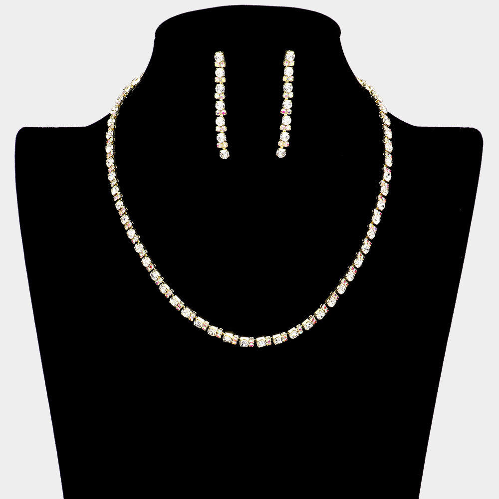 AB Rhinestone Prom Necklace Set on Gold | Homecoming Jewelry