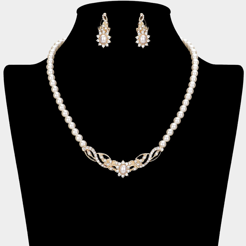 Cream Pearl and Rhinestone Bridal Necklace Set on Gold | Wedding Jewelry