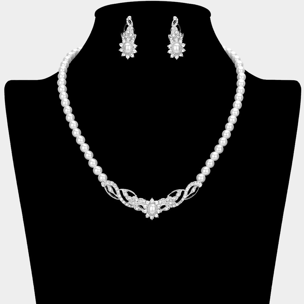 White Pearl and Rhinestone Bridal Necklace Set | Wedding Jewelry