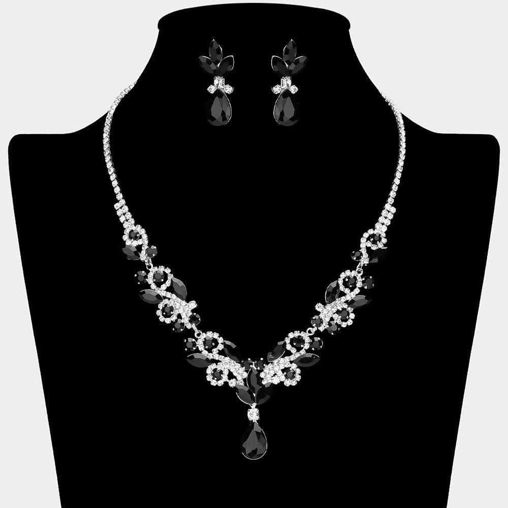 Black Crystal Stones Surrounded by Rhinestones Earrings and Necklace Set| Prom Jewelry