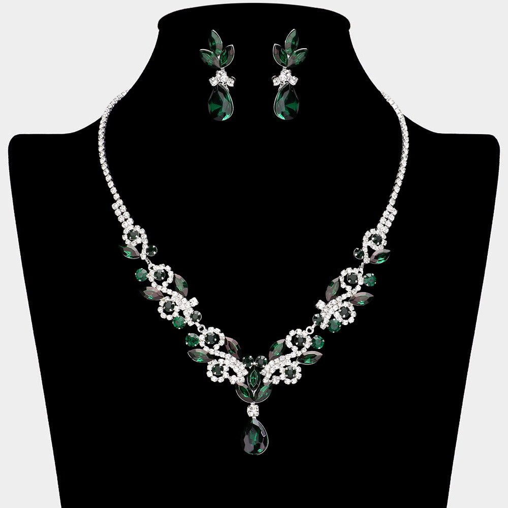 Emerald Crystal Stones Surrounded by Rhinestones Earrings and Necklace Set| Prom Jewelry