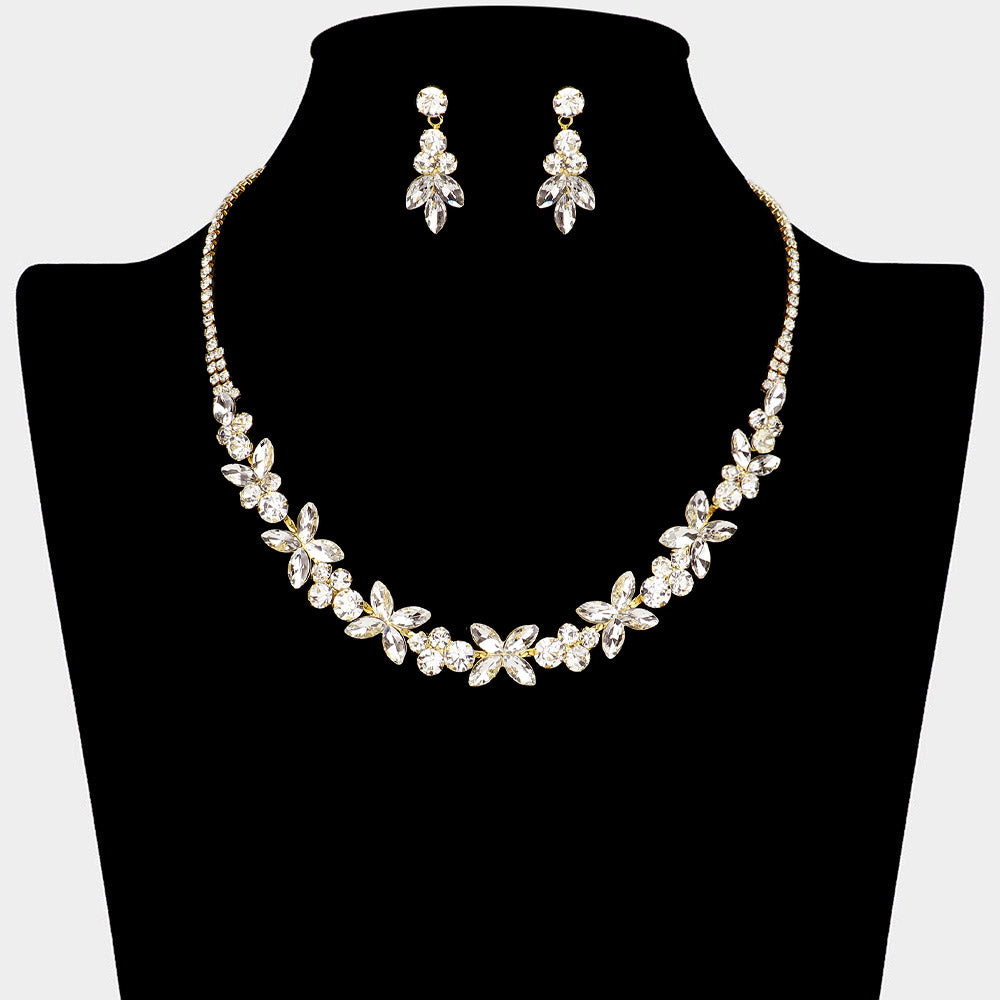 Clear Marquise Round Stone Cluster Prom Necklace Set on Gold | Evening Jewelry