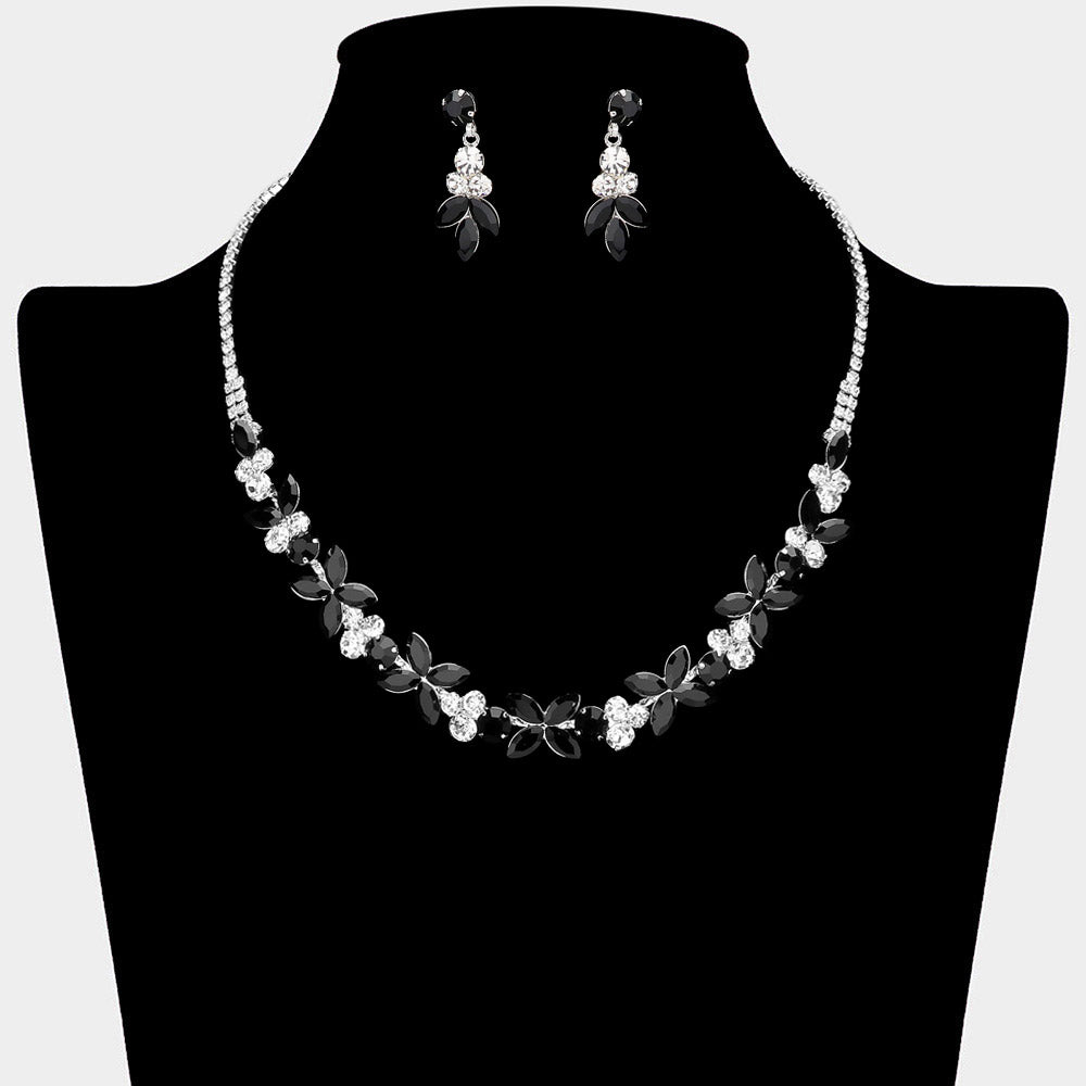 Black Marquise Round Stone Cluster Prom Necklace Set | Evening Jewelry