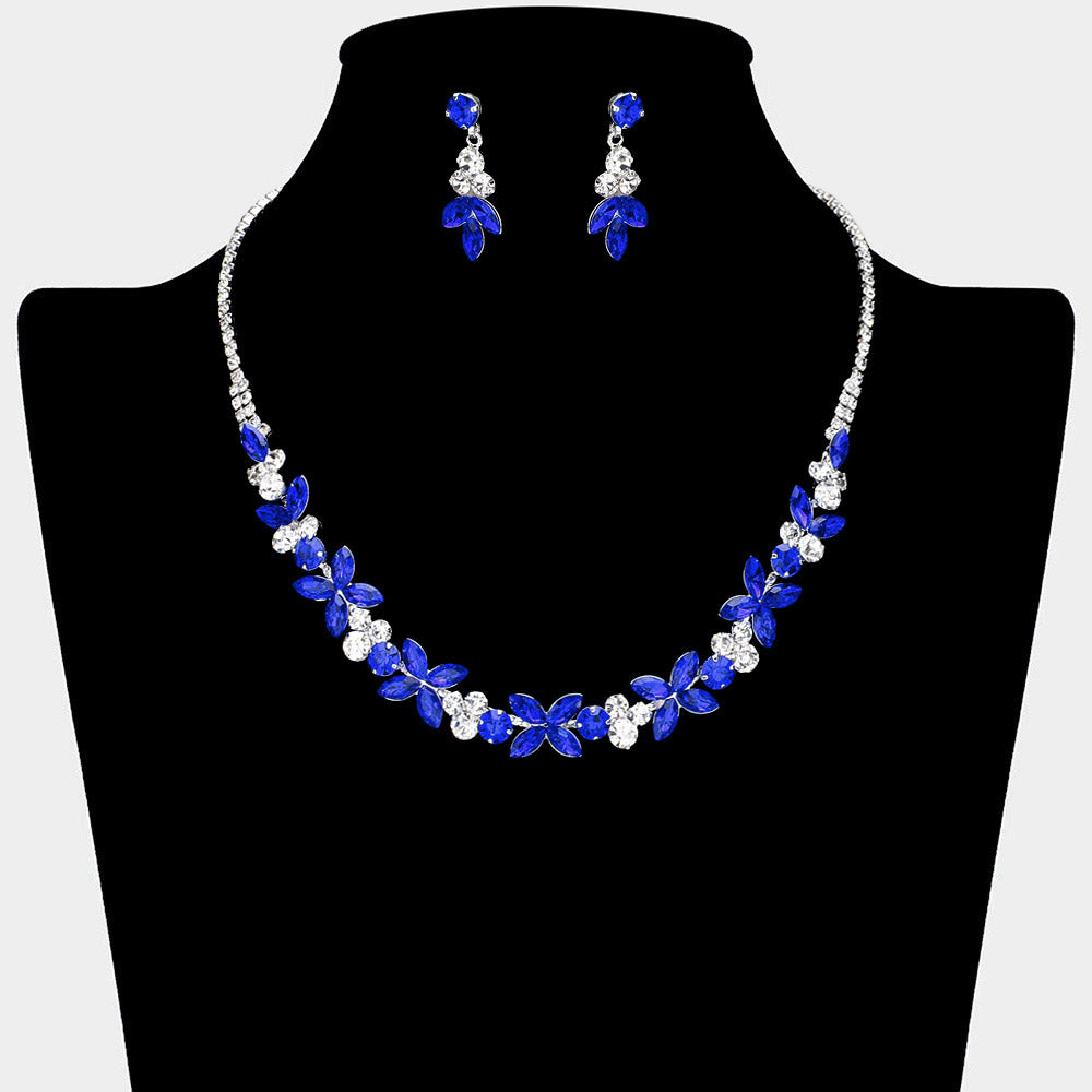 Sapphire Marquise Round Stone Cluster Prom Necklace Set | Evening Jewelry