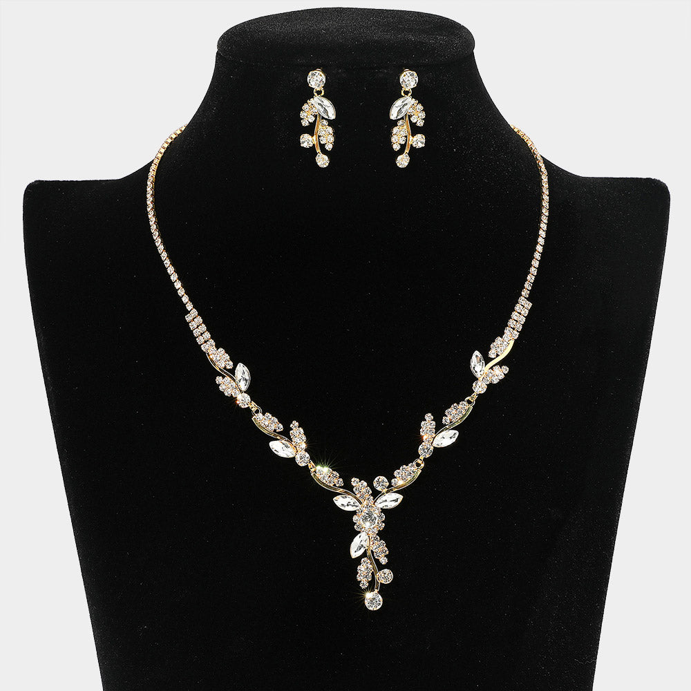 Clear Rhinestone and Marquise Prom Necklace Set on Gold | Clear Homecoming Necklace Set on Gold
